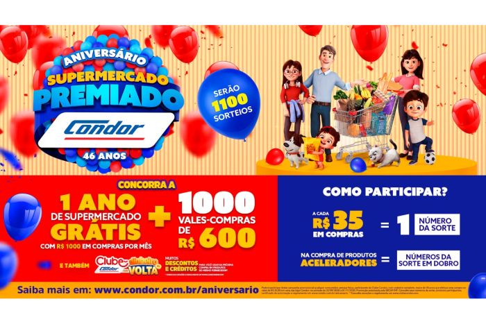 Condor sorteia R$ 1,8 milhão em vales-compras e 1 ano de supermercado grátis em campanha de aniversário 