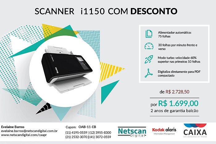 Scanner Kodak i1150 com quase 40% de desconto para advogados da OAB Paraná