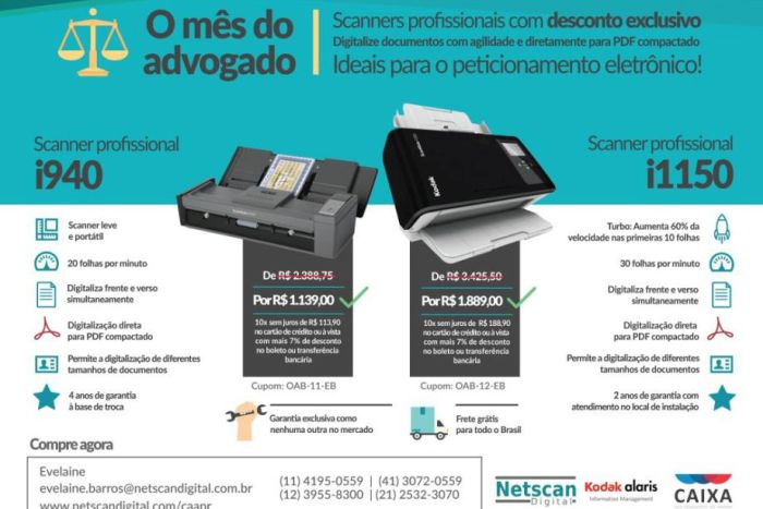Advogados podem adquirir scanners Kodak modelos i940 e i1150 em até 10X sem juros na promoção