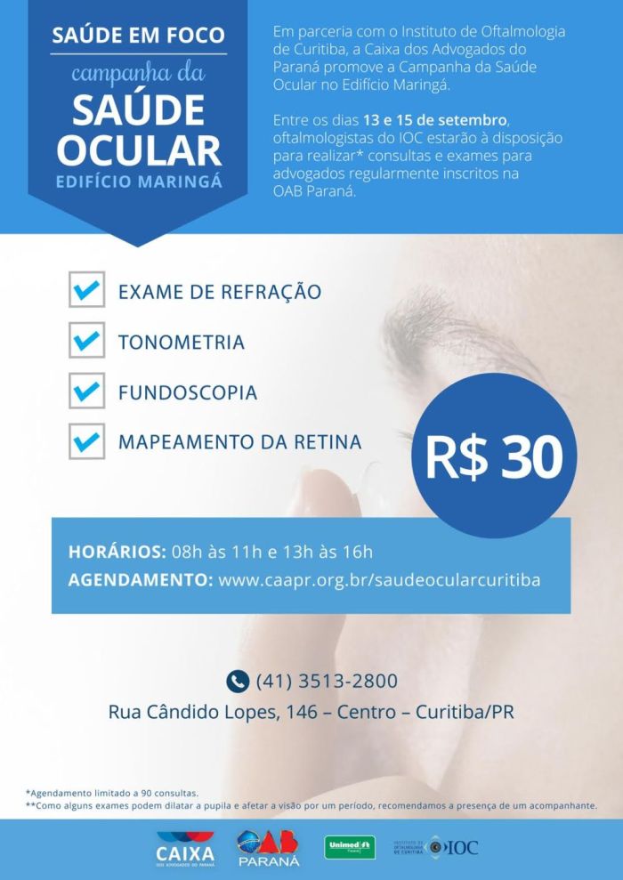 Interessados devem efetuar agendamento pelo site www.caapr.org.br/saudeocularcuritiba - Foto: Divulgação