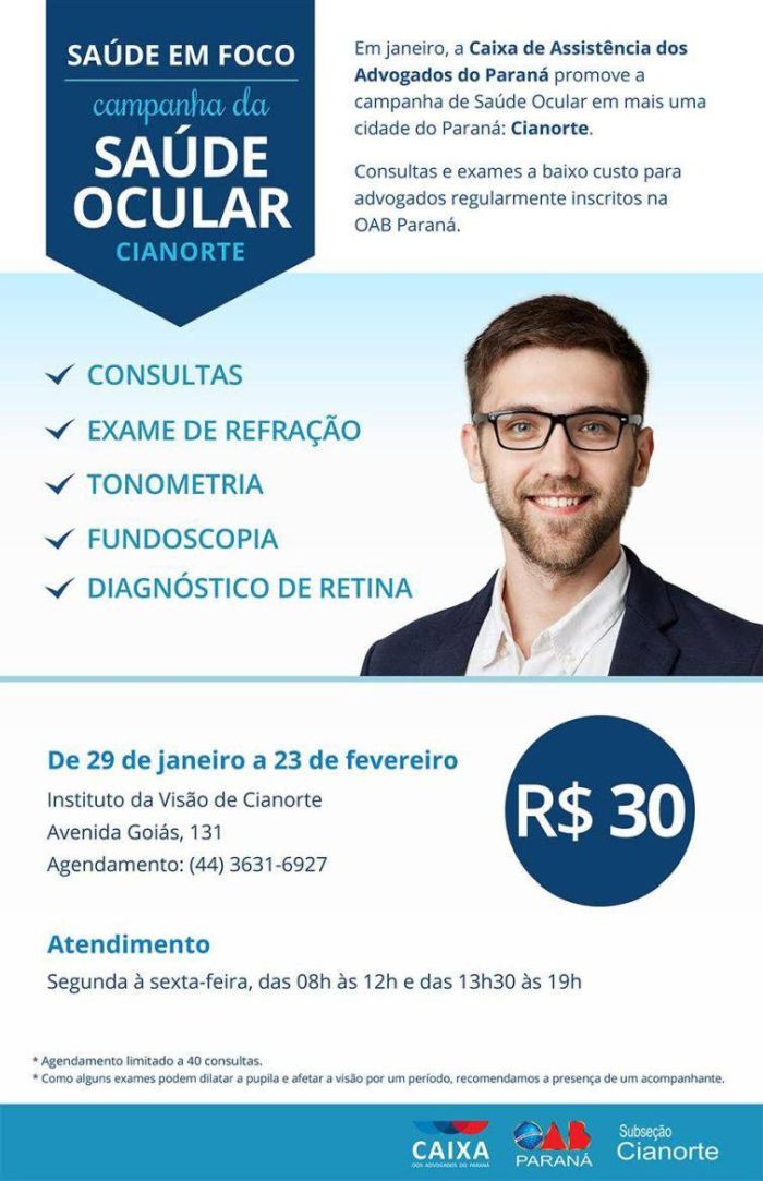 Atendimento será realizado no Instituto da Visão de Cianorte, mediante agendamento pelo telefone (44) 3631-6927 - Foto: Divulgação