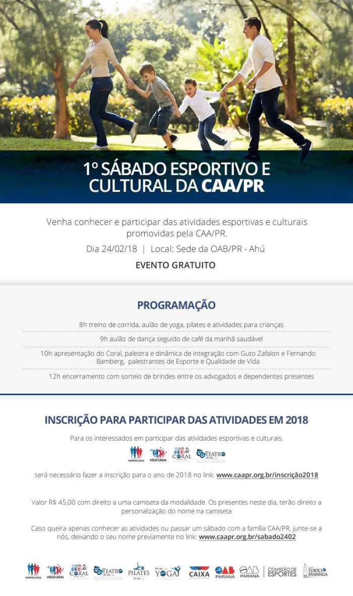 Encontro esportivo e cultural acontece dia 24 de fevereiro, das 8 às 12h, na OAB - Foto: Divulgação Encontro esportivo e cultural acontece dia 24 de fevereiro, das 8 às 12h, na OAB - Foto: Divulgação